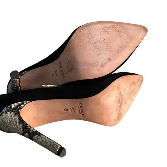 Coach Fulton Black Suede Snakeskin T-Strap Pointed Toe Stiletto Heels size 8.5 - Picture 5 of 9